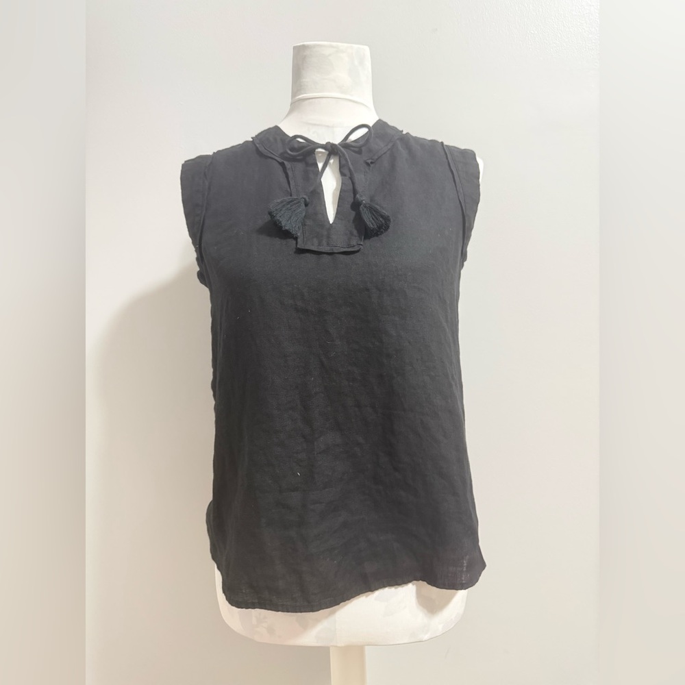 Vineyard Vines Black Sleeveless Tassel Tie Neck Blouse 100% Linen